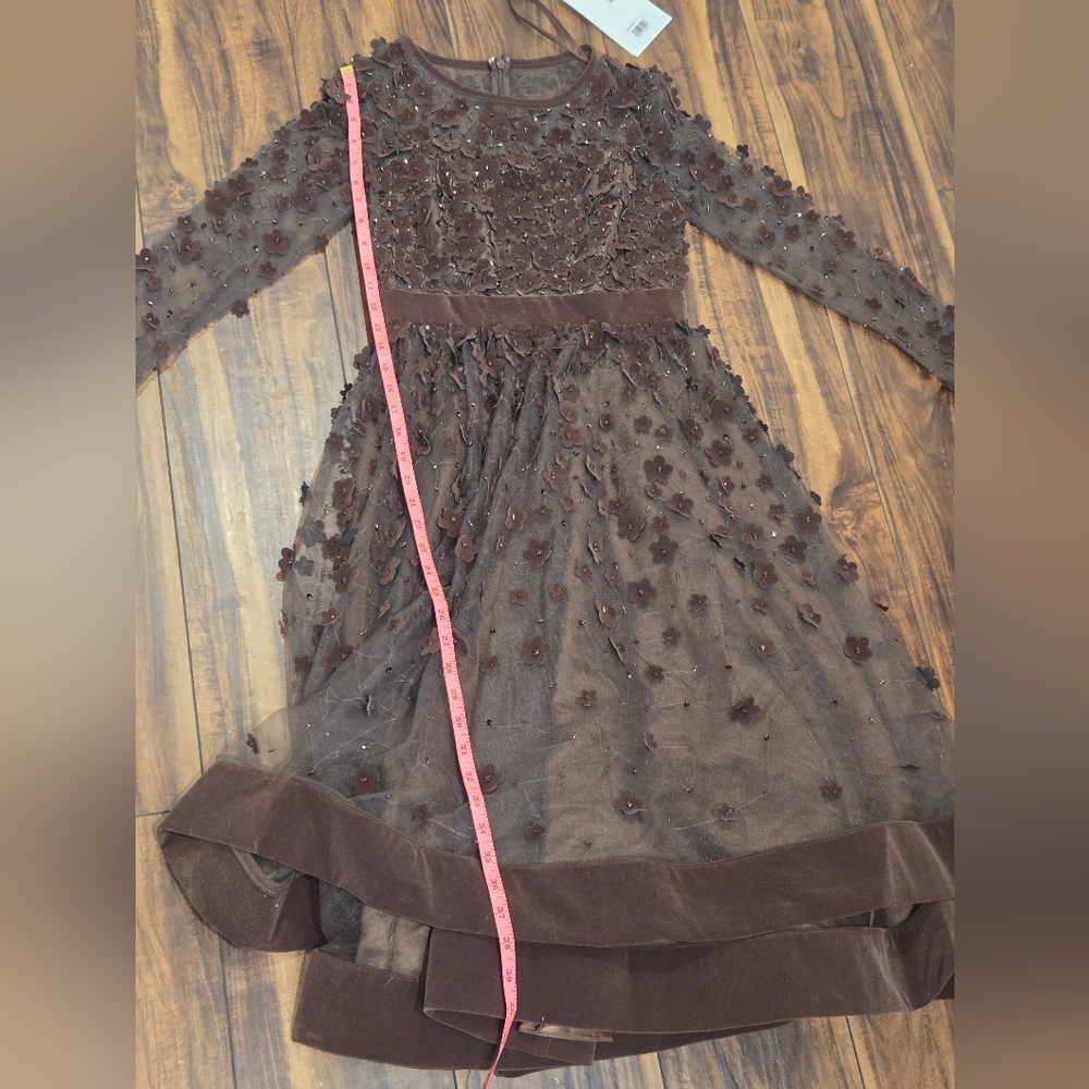 Mac Duggal Long Sleeve Fit & Flare Velvet Embellished Brown Floral Dress sz 2 - Picture 9 of 14